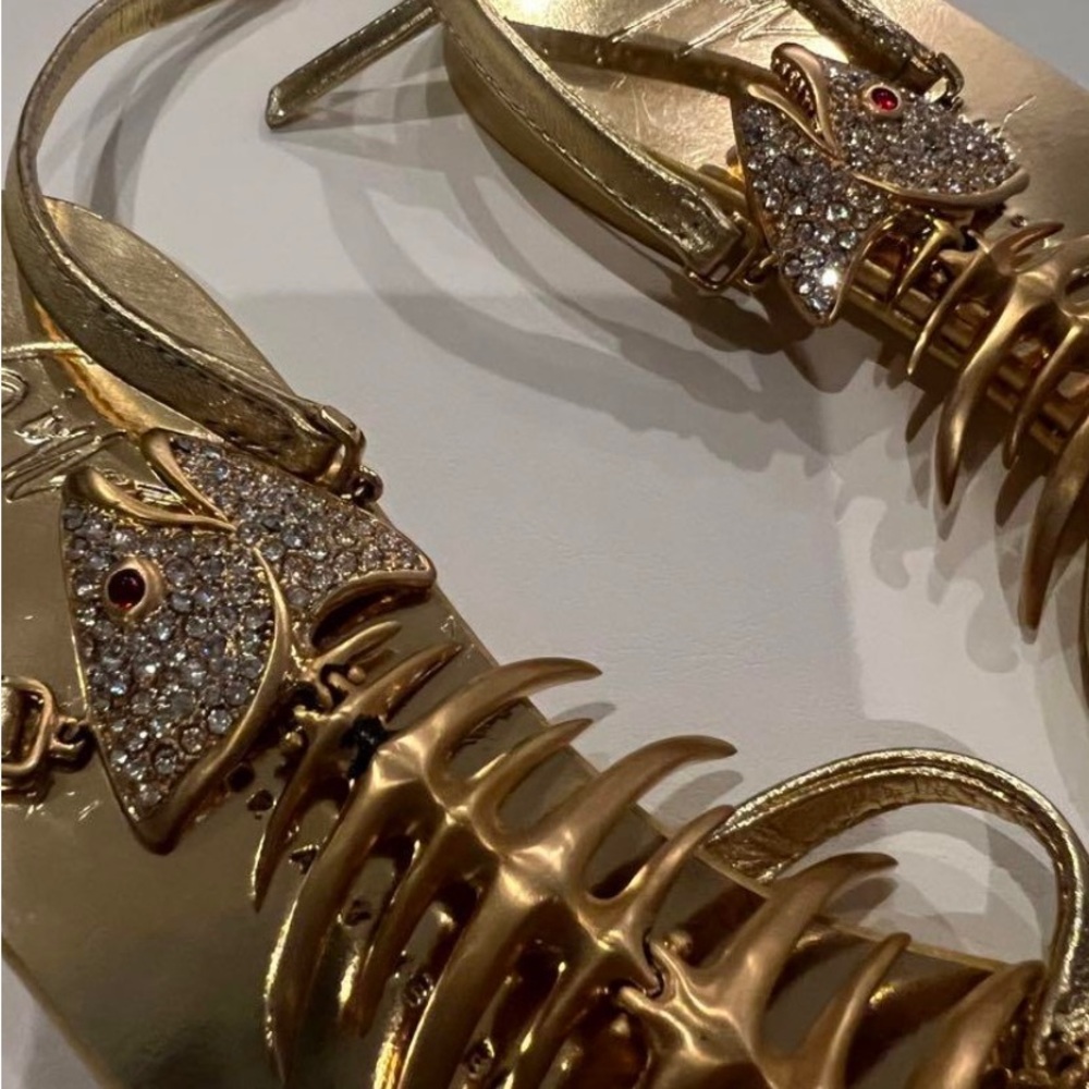 Rare authentic Giuseppe Zanotti gold leather 20th anniversary fish bone sandals
